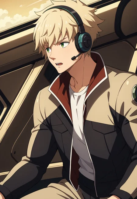 score_9, score_8_up, score_7_up, source_anime, cowboy shot, side view, BREAK, ( green eyes, light blond hair, best eyes, male, anime, uniform, collar up, looking to the side, talking, mouth open, headset, wearing headset, ) 1boy, male focus, solo, BREAK, cockpit, shiden, dust cloud and mountains outside cockpit window,