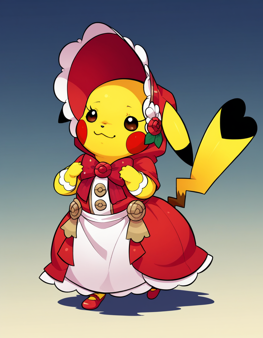 zPDXL, score_9, score_8_up, score_7_up, score_6_up, score_5_up, source_anime, 4k, absurdres, 1girl, solo, 
<lora:Cosplaychu_v1-1-20:0.8>, cosplay pikachu, pokemon \(creature\), pikachu ears, pikachu tail, feral, eyelashes, shortstack, flat chest,
character dressed as Red Riding Hood wearing a maroon hooded cape, layered dress with apron, comfortable walking shoes , rosy cheeks, bonnet,
