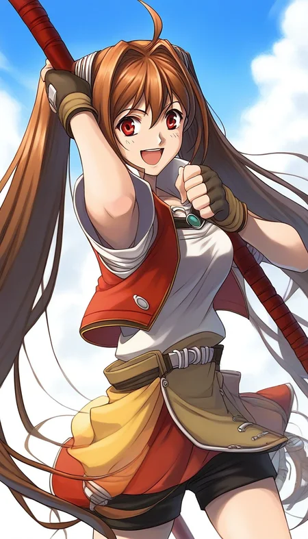 score_9, score_8_up, score_7_up, source_anime, rating_explicit, BREAK  <lora:Estelle_Bright_Retro_XL:1> Estelle_Bright, brown hair, very long hair, twintails, ahoge, red eyes, hair intakes, medium breasts,
1girl, solo, twintails, gloves, weapon, fingerless gloves, smile, skirt, shorts under skirt, black shorts, armor, staff, open mouth, cropped jacket, belt
outdoor, sky,