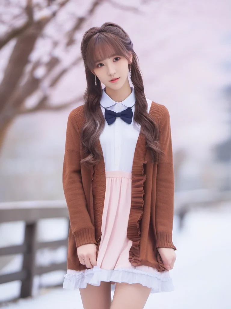 masterpiece, best quality, girl, long hair, looking at viewer, brown cardigan , frilled socks, hair_bow, bowtie, in winter, blush, sweater dress, ,<lora:sl_sila:0.8>