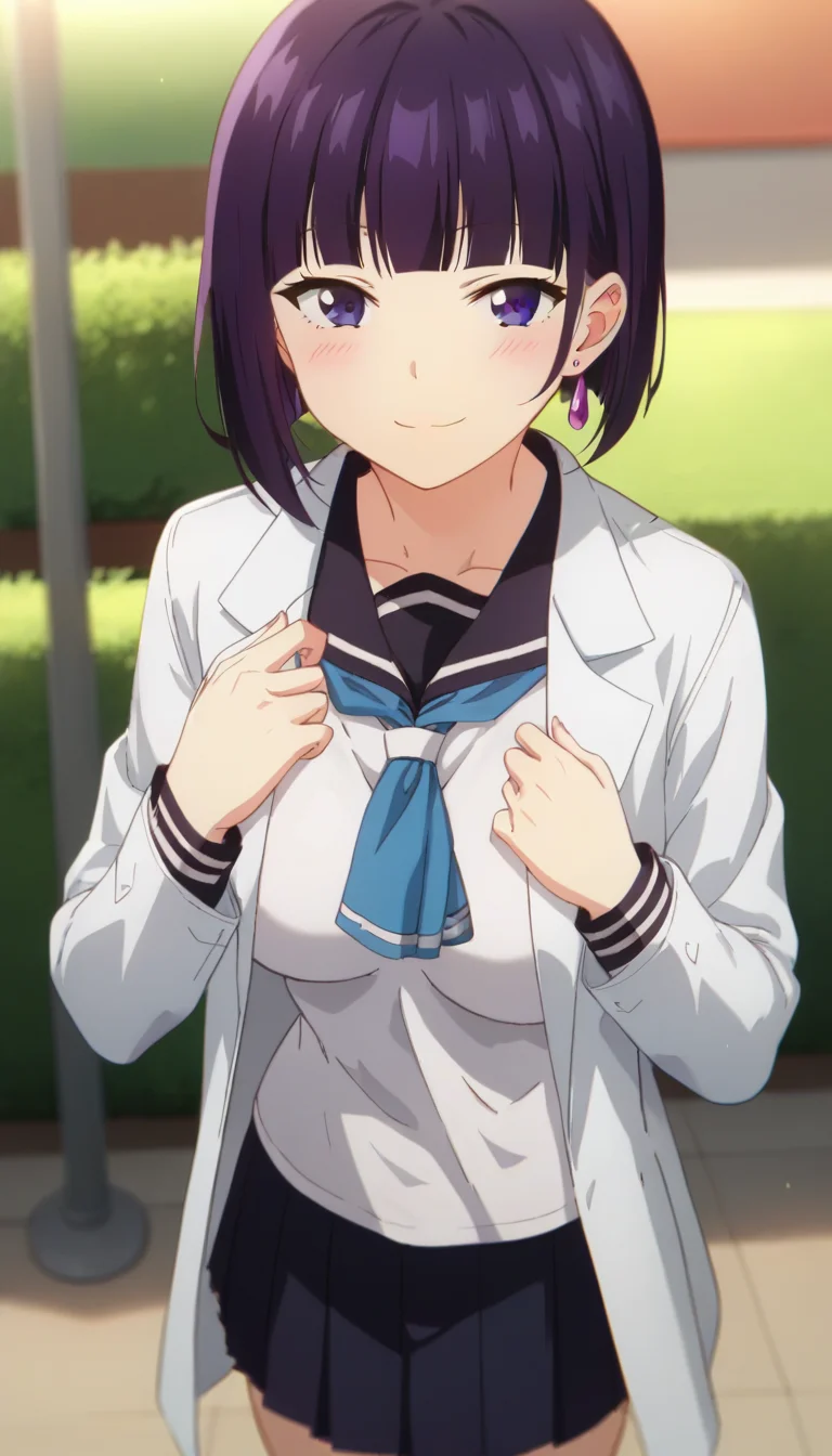 score_9,score_8_up,score_7_up,score_6_up BREAK official art,solo,outdoors,cowboy shot,looking at viewer,facing viewer,smile,blush,Inari Sakihira,short hair,purple hair,bob cut,jewelry,earrings,blunt bangs,purple eyes,collarbone,labcoat,school uniform,black sailor collar,blue neckerchief,long sleeves,medium breasts,miniskirt,black skirt,pleated skirt,black socks,loafers,brown footwear,<lora:Inari Sakihira(mlid)-Pony:1.4>,