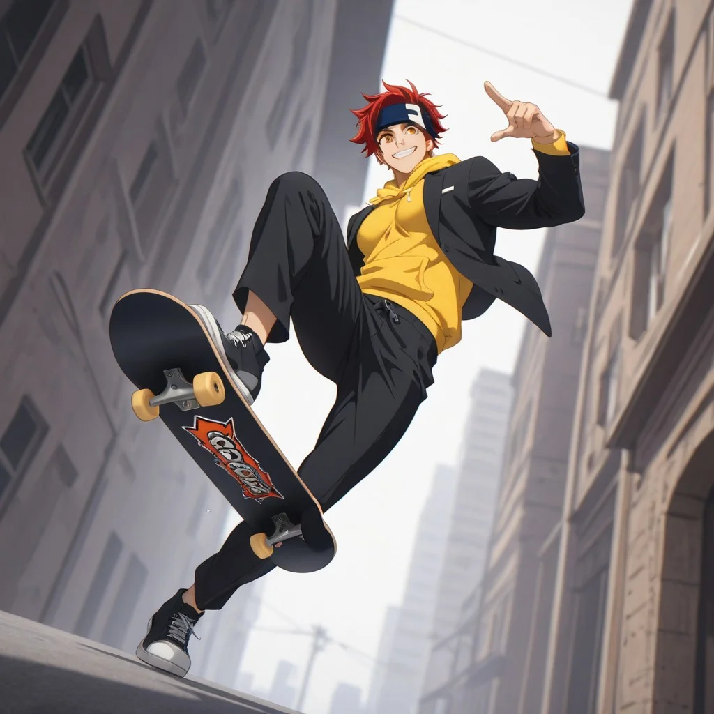 embedding:lazypos, Masterpiece, Best Quality, male focus, score_9, score_8_up, score_7_up, solo,  dynamic angle, dynamic lighting, 
BREAK, 
1boy, Reki Kyan, amber eyes, red hair, headband, full body, fit body, athletic, pecs, broad shoulders, black jacket over a yellow hoodie, black pants, performing kick flick with a skateboard,( in the air:1.1), 
BREAK,
at day, outside, view from below, low angle, smiling, beaming smile