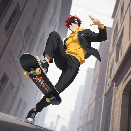 embedding:lazypos, Masterpiece, Best Quality, male focus, score_9, score_8_up, score_7_up, solo,  dynamic angle, dynamic lighting, 
BREAK, 
1boy, Reki Kyan, amber eyes, red hair, headband, full body, fit body, athletic, pecs, broad shoulders, black jacket over a yellow hoodie, black pants, performing kick flick with a skateboard,( in the air:1.1), 
BREAK,
at day, outside, view from below, low angle, smiling, beaming smile