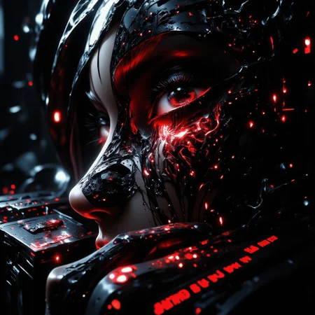 Goth hacker woman face closeup. A hyper-detailed, futuristic close-up of a human fingertip illuminated by a soft red glow, revealing a complex, holographic circuit pattern etched into the skin, resembling a digital fingerprint In the style of ff-nn. The intricate lines and nodes of the circuitry shimmer with a faint white and black light, symbolizing advanced biometric technology. Surrounding the finger, a semi-transparent user interface displays scanning progress indicators, synchronization bars, and faint text overlays, adding to the high-tech aesthetic. The background is softly blurred, suggesting a sleek, digital environment while emphasizing the focus on the finger and its augmented details.