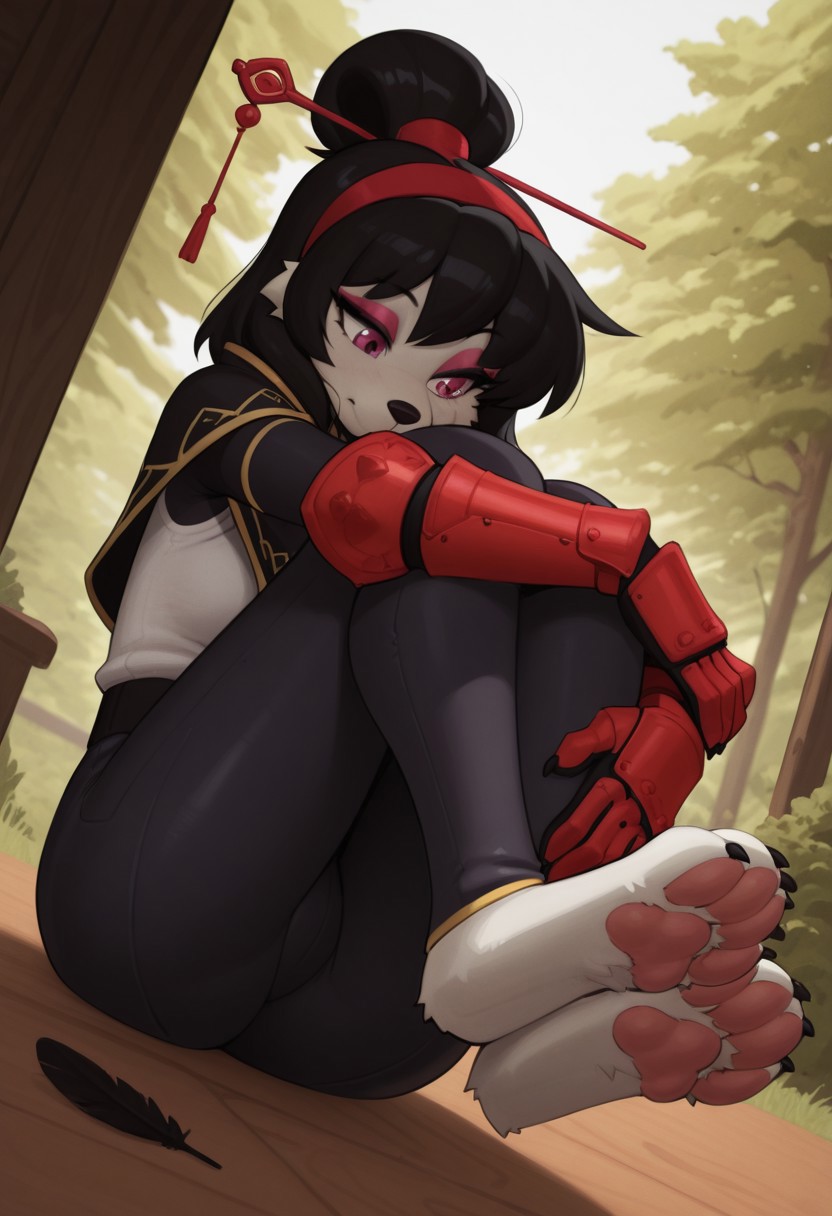 woolrool,  outdoors, undershirt, falling feathers, black bodysuit, hair stick, hugging own legs, , gauntlets,   eyeshadow,   red gloves, black capelet, red hairband, pink eyes, 1girl, solo, feet, medium hair, black hair  dynamic angle, foreshortening, furry, furry female, anthro, paws, claws, pawpads,