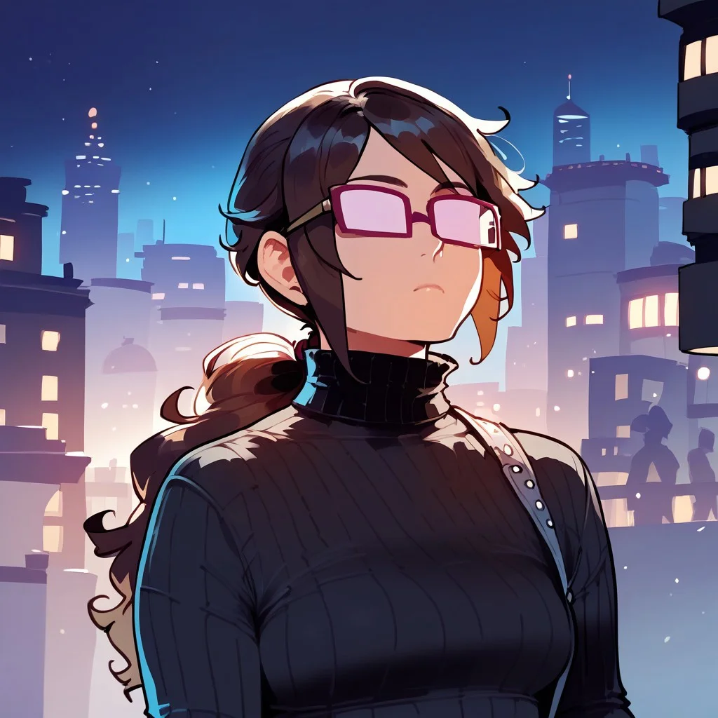 score_9, score_8_up, score_7_up
, masterpiece, beautiful, 1 girl,
Jenjenrose, GLASSES, NO PUPILS, OPAQUE GLASSES, Brown hair, ponytail ,no mouth,
BLACK SWEATER, TURTLENECK,JEANS, GRAY SHOES, city at night,