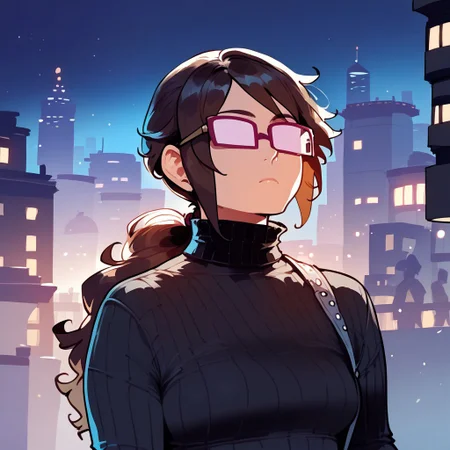 score_9, score_8_up, score_7_up
, masterpiece, beautiful, 1 girl,
Jenjenrose, GLASSES, NO PUPILS, OPAQUE GLASSES, Brown hair, ponytail ,no mouth,
BLACK SWEATER, TURTLENECK,JEANS, GRAY SHOES, city at night,