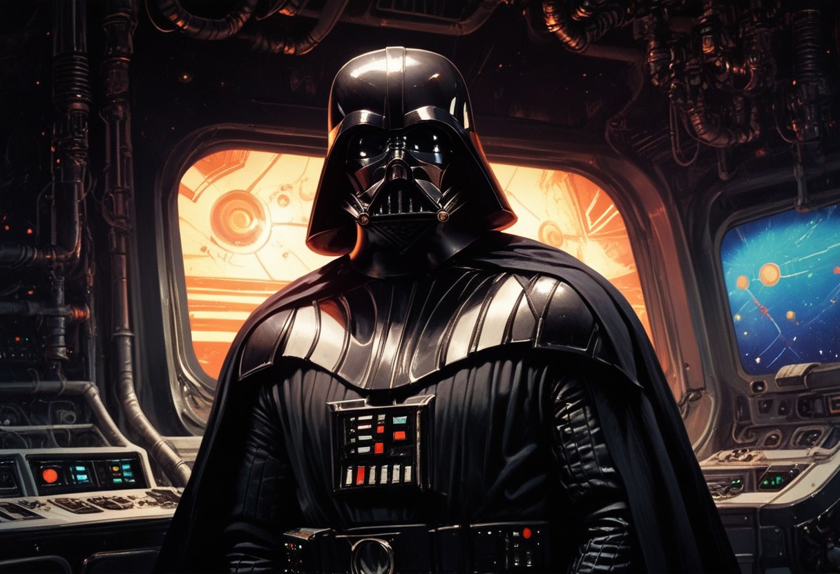 score_9, score_8_up, score_7_up, vader, dystopian, sci-fi, space ship interior, volumetric lighting, standing in cockpit, , hands behind back, looking at viewer