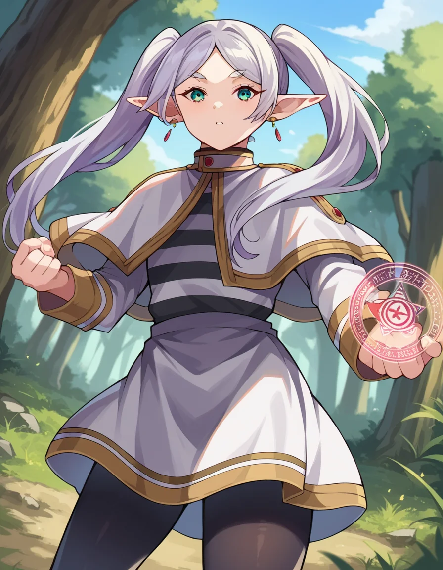 score_9, score_8_up, score_7_up, source_anime,
frieren, <lora:frieren-ponyxl-lora-nochekaiser:1>,
frieren, long hair, twintails, green eyes, grey hair, pointy ears, elf,
shirt, long sleeves, jewelry, pantyhose, earrings, striped, black pantyhose, capelet, striped shirt, skirt, white skirt,
outdoors, forest, nature, fighting stance, magic, magic circle,
looking at viewer, cowboy shot, dutch angle, dynamic pose,