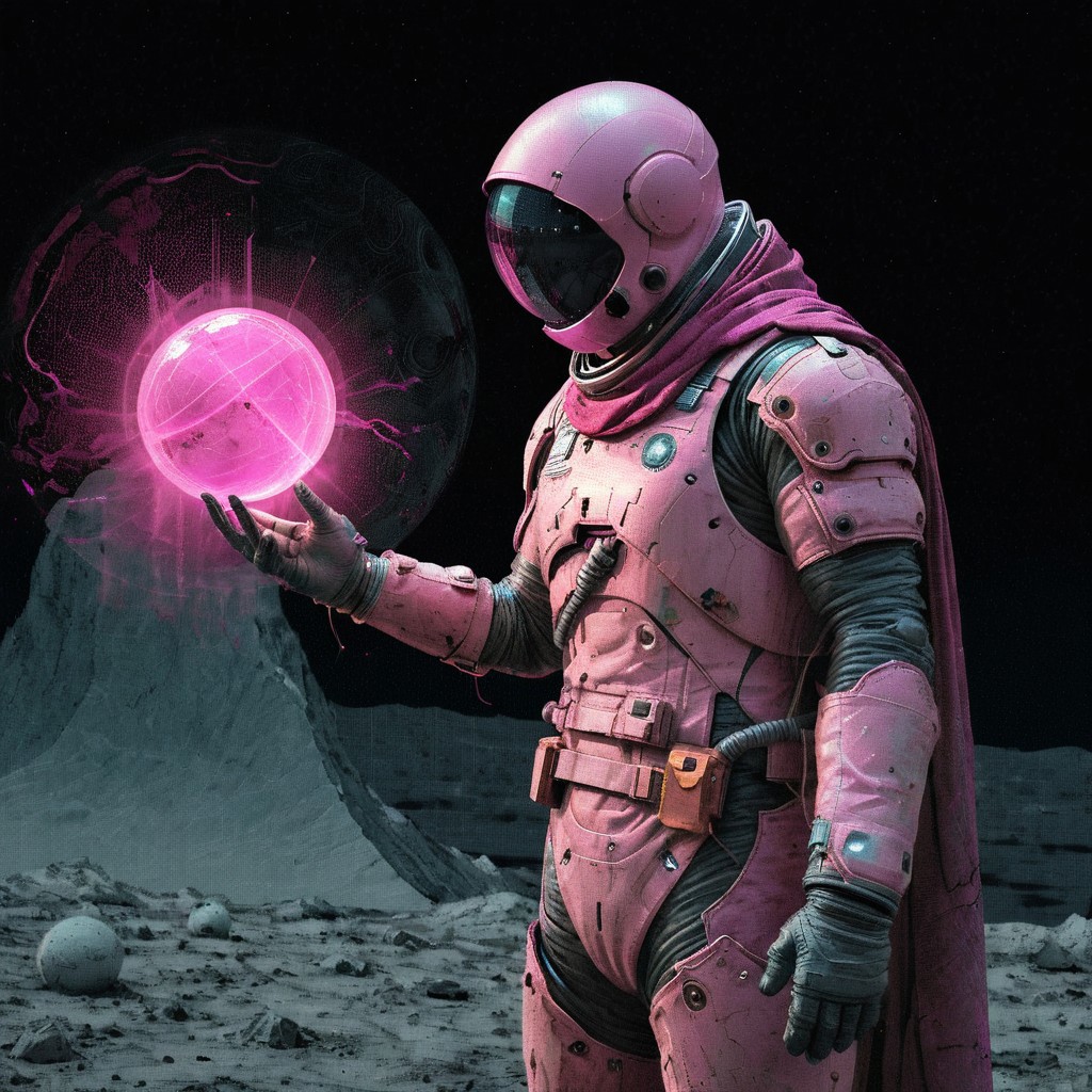 Engulfed by space, a cloaked astronaut stands in the gloom holding an orb glowing pink, digital art, space, cinematic lighting, vivid, professional 3d model analog film photo, faded film, desaturated, very grainy, photoshop bitmap mode effect, stained, highly detailed, found footage, octane render, dramatic pink lighting