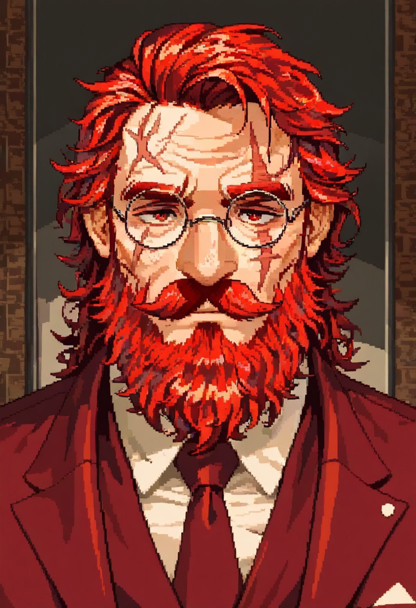 masterpiece, best quality, newest, absurdres, highres, DPAV1.0, pixel art, 
1boy, glasses, red hair, suit, round glasses, beard, facial hair, mustache, scar, scars on face