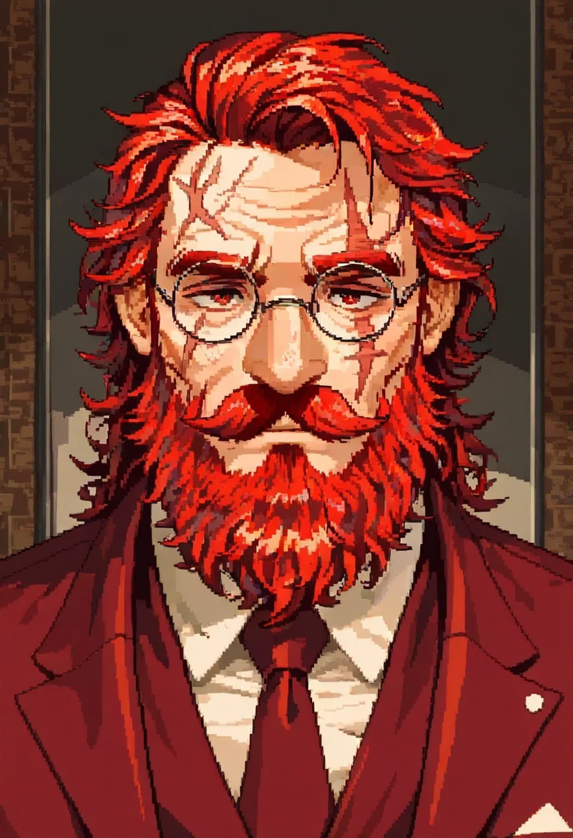 masterpiece, best quality, newest, absurdres, highres, DPAV1.0, pixel art,
1boy, glasses, red hair, suit, round glasses, beard, facial hair, mustache, scar, scars on face