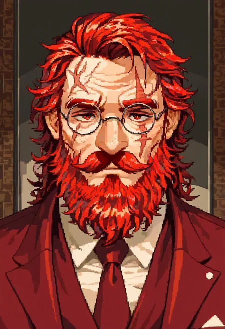 masterpiece, best quality, newest, absurdres, highres, DPAV1.0, pixel art,
1boy, glasses, red hair, suit, round glasses, beard, facial hair, mustache, scar, scars on face