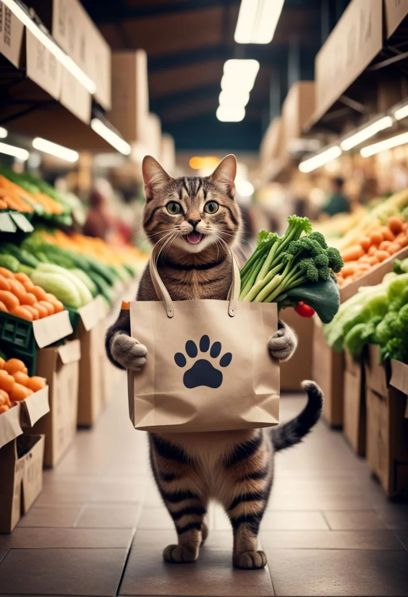 Cinematic still of cat holding shopping bag full of vegetables with paws, shopping with smile in a market. . Shallow depth of field, vignette, highly detailed, high budget, bokeh, Cinemascope, moody, epic, gorgeous, film grain, grainy