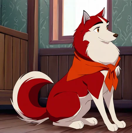 masterpiece, best quality, detailed, detailed background, absurd res, <lora:jennabaltoillustrious:1>, 1girl, jenna\(balto\), solo, smile, full body, indoors, from side, no humans, animal, dog, animal focus, two tone fur, red fur, canine , amber eyes, neckerchief