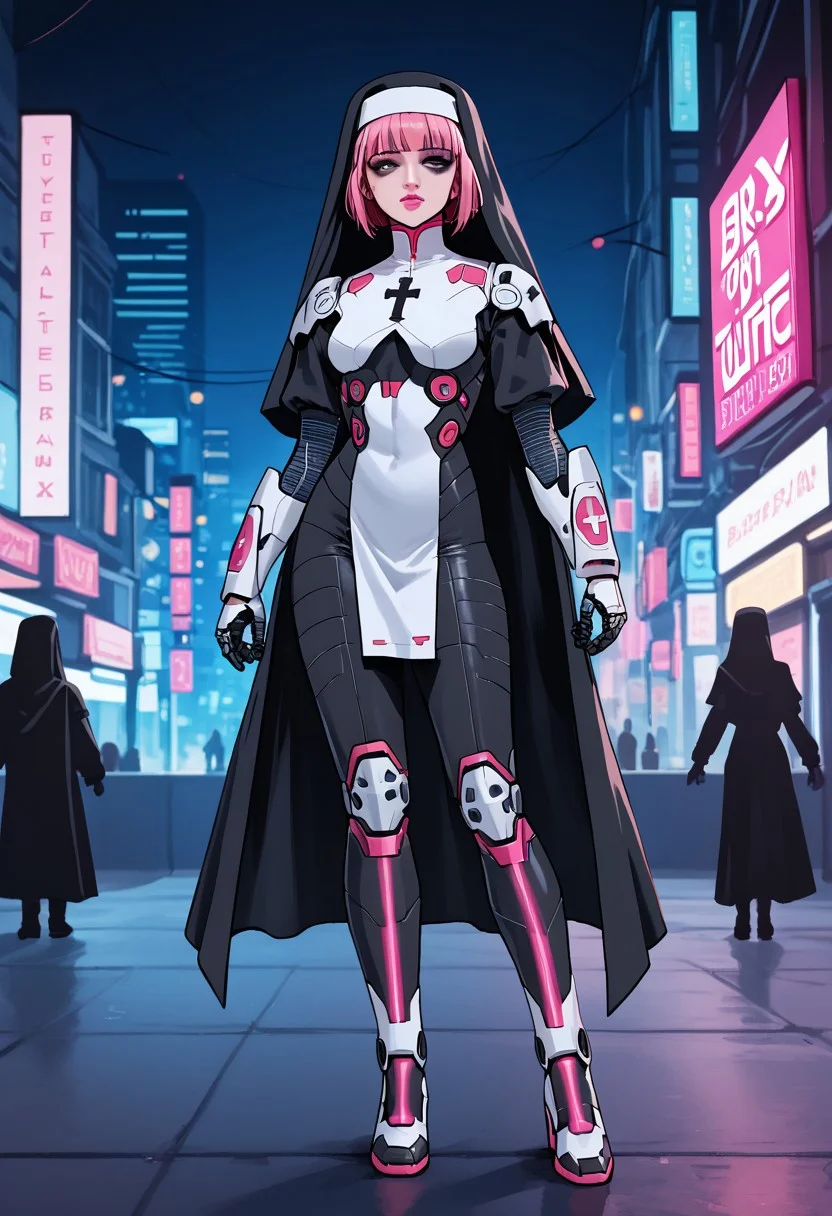 score_9, score_8_up, score_7_up, best quality, reverende moria:1.5, masterpiece, cyberpunk girl, , bakunin, black cape, nun, short pixie cut, pink hair bangs, dark eyeshadow, white armour, cross insignia, pink lips, , white power armour, rosary, black bodysuit, pistol, on a cyberpunk street at night, neon signs, , bokeh, vibrant, surreal colours, High Definition HD, High Detail, Perfect Composition, mythp0rt, full body shot