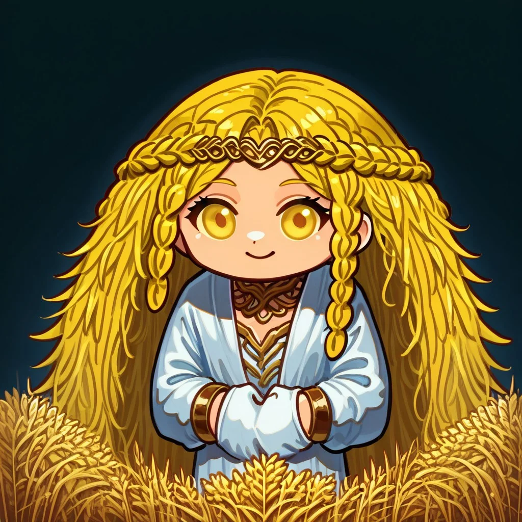 score_9, score_8_up, score_8, ais-ghostly,((1 miquella,blonde hair,cute,crown braid,multiple braids,yellow eyes,white robe,smile,closed mouth,gold armlet,circlet,kenbis, chibi)),
BREAK,
evil looking,(wheat fields:1.2),sunflowers,tall what fields,