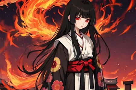enma_ai, girl1, bangs, black hair, long hair, kimono sakura, fire, village japanese, night
