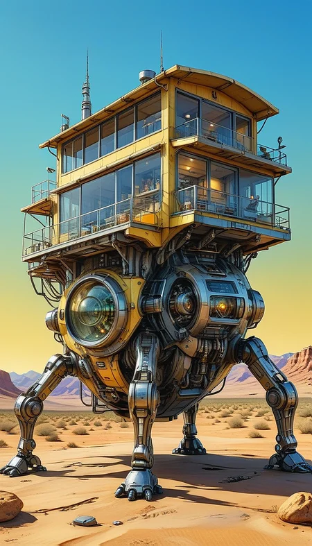 (cel-shading:2)+, (in ARTIST style:1.6), (masterpiece:1.7), hyperrealism, glossy, shinny,
clear image, accurate picture, clear picture, precise image, focused image, Science fiction style, Science fiction,
(glass and metal house with cozy comfy living space inside) on mechanical legs, mechanical hands, science fiction, aquarium on mechanical legs focus, night desert background, mecha, pale yellow,
comic style, (ultra sharp focus:2), (thin lines:2),
(best quality:1.8),
<lora:Apparatus_-_Traction_City_Walkers_Vehicles:0.8>,