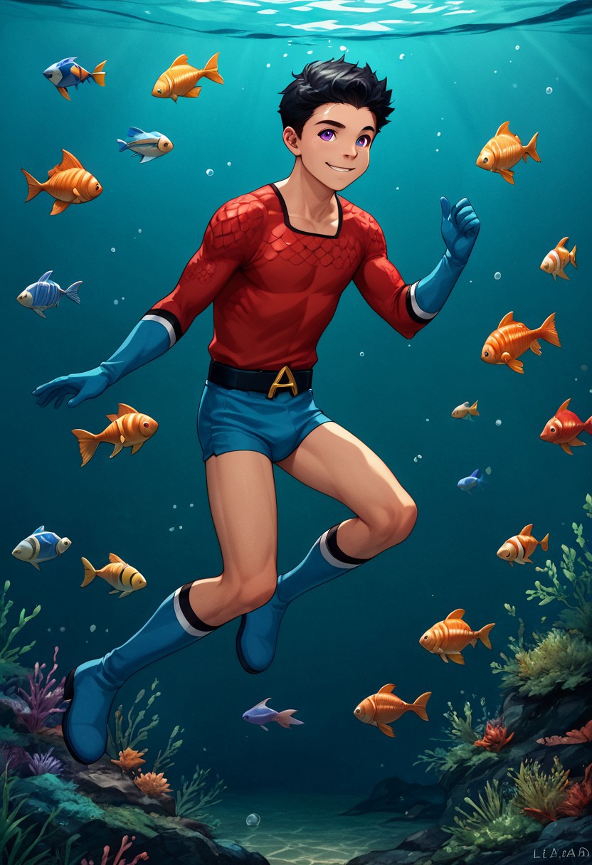 score_9, score_8_up, score_7_up, 1boy, solo, male focus, cute boy, young, Aqualad, Black Hair, Purple eyes, seductive smile,l, floating underwater, Red Scale Shirt, fish scales pattern, Blue Speedo, Blue Shorts, Male Swimwear, Blue Gloves, Blue Boots, Belt