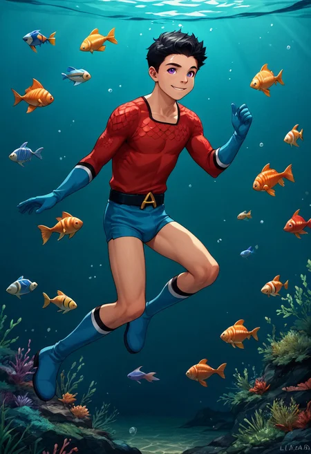 score_9, score_8_up, score_7_up, 1boy, solo, male focus, cute boy, young, Aqualad, Black Hair, Purple eyes, seductive smile,l, floating underwater, Red Scale Shirt, fish scales pattern, Blue Speedo, Blue Shorts, Male Swimwear, Blue Gloves, Blue Boots, Belt