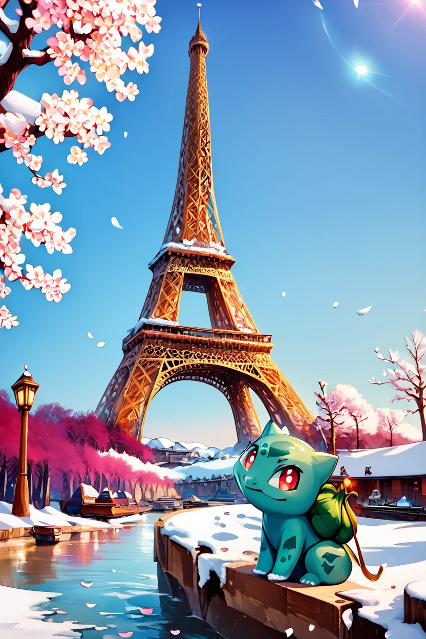 score_9, score_8_up, score_8, ,,, , ,,, zzBulbasaur, red eyes, closed mouth, standing, full body, outdoors, day, tree, bright pupils, snow, white pupils, bare tree, footprints, <lora:BulbasaurPokedexPDXL:1.0>, ,,,, BREAK, zzEiffelTower in background, sitting, watercraft, boat, sitting on wall, side view, looking at viewer, smile, ,,, BREAK, blooming stars, luminescent petals, otherworldly fragrance blurry background, ,,, embedding:zPDXL, Expressiveh, ,,, <lora:EiffelTowerPDXL:0.8>, <lora:CatalystStylePDXL:0.6>, <lora:SDXLFaeTastic2400:0.5>, <lora:Expressive_H-000001:0.4>,