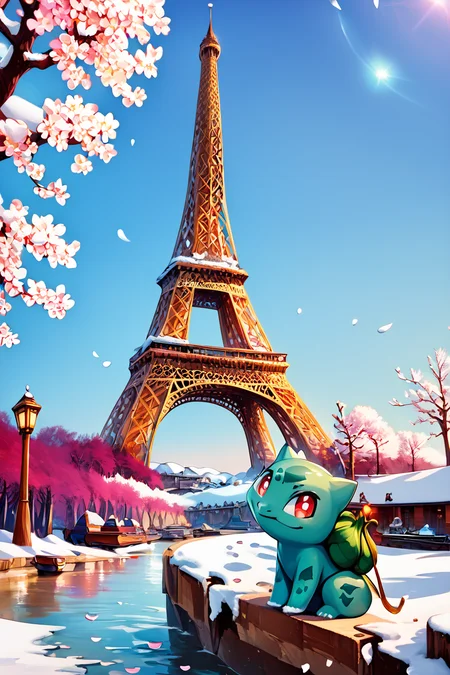 score_9, score_8_up, score_8, ,,, , ,,, zzBulbasaur, red eyes, closed mouth, standing, full body, outdoors, day, tree, bright pupils, snow, white pupils, bare tree, footprints, <lora:BulbasaurPokedexPDXL:1.0>, ,,,, BREAK, zzEiffelTower in background, sitting, watercraft, boat, sitting on wall, side view, looking at viewer, smile, ,,, BREAK, blooming stars, luminescent petals, otherworldly fragrance blurry background, ,,, embedding:zPDXL, Expressiveh, ,,, <lora:EiffelTowerPDXL:0.8>, <lora:CatalystStylePDXL:0.6>, <lora:SDXLFaeTastic2400:0.5>, <lora:Expressive_H-000001:0.4>,