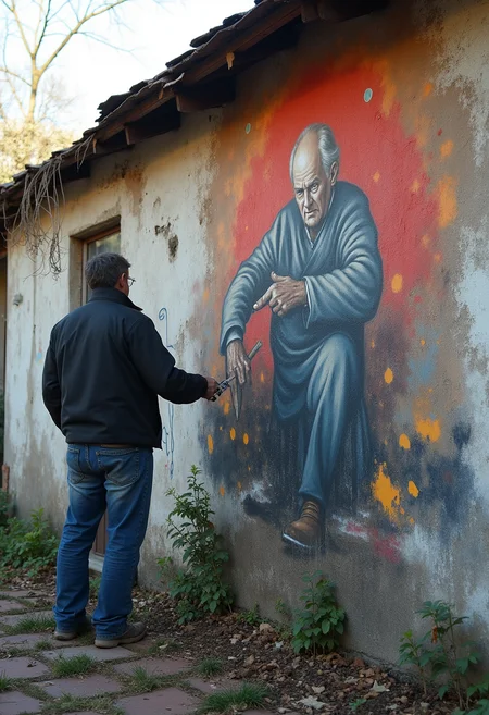 A street artist creates a masterpiece on the wall of an old dilapidated house.