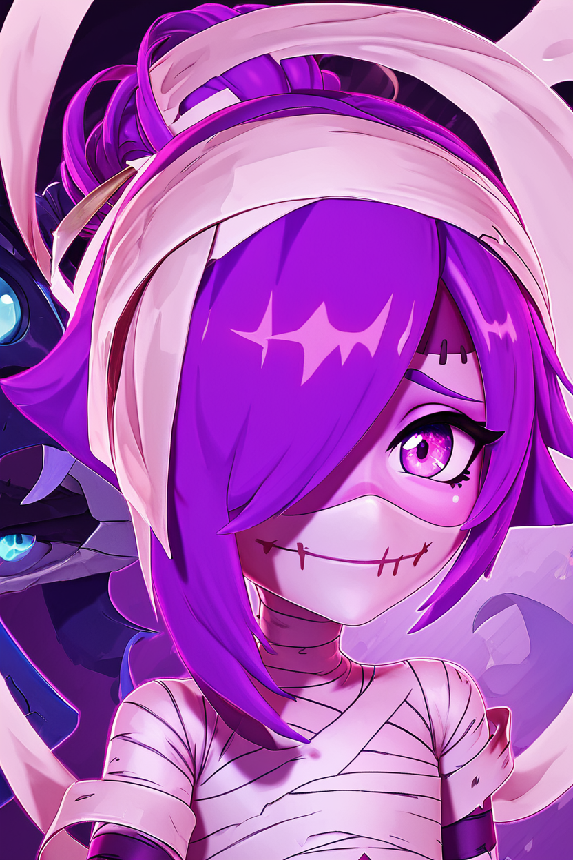 score_9, score_8_up, score_8,   BREAK, , zzDaimon, purple hair, purple eyes, mummy, colored skin, bandages,  grey skin, 1boy,  <lora:Daimon_AFKArena_PDXL:1.0>, , BREAK, smile, looking at viewer, cowboy shot, ,,, embedding:zPDXL, Expressiveh, ,,, <lora:Zy0n7_PDXL:0.8>, <lora:SDXLFaeTastic2400:0.5>, <lora:Expressive_H-000001:0.4>,