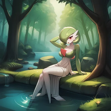 score_9, score_8_up, score_7_up, score_6_up, score_5_up, score_4_up, cartoon style,
luminekoStyle,
cartoony style,
1 girl, gardevoir, green_hair, green_skin, hair_over_one_eye,
forest, river, bathing,