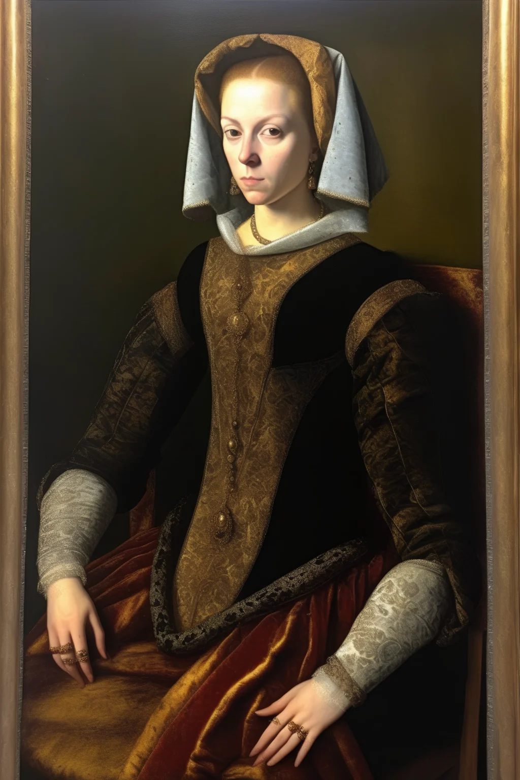 <lora:Sofonisba Anguissola Style:1>Sofonisba Anguissola Style - portrait of a Venetian noblewoman sitting on a chair, end of 1500s, oil on canvas. Old golden frames