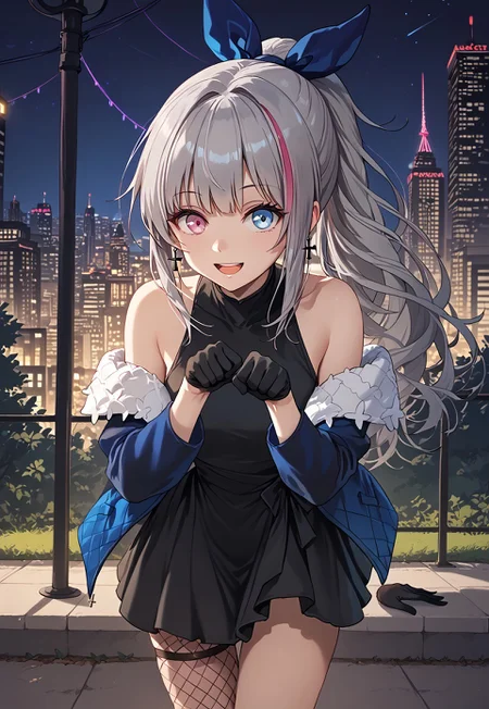 safe_pos, 1girl, solo, solo focus, highres, absurdres, MDR2nd, long hair, multicolored hair, blue eyes, ponytail, streaked hair, heterochromia, hair ribbon, grey hair, jewelry, cross earrings, bangs, pink eyes, pink hair, sidelocks, 

black dress, bare shoulders, black gloves, blue jacket, off shoulder, fishnet thighhighs, half gloves, single thighhigh, fur trim, sleeveless,

looking at viewer, paw pose, open mouth, smile,

park, cityscape, neon lights, shade, night, night sky, dark, backlighting,