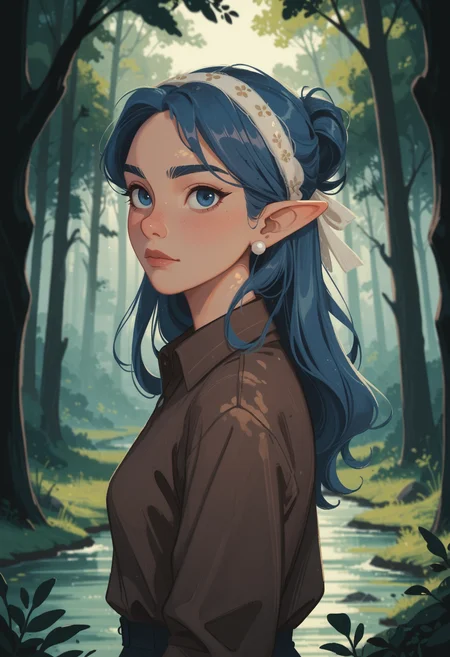score_9, score_8_up, score_7_up,BREAK,score_9, score_8_up, score_7_up,BREAK,1woman,elf,blue hair,long hair,updo hair,bangs,blue eyes,pearl earrings,hair headband,brown casual clothes,collared shirt,forest,fog,mist,(depth of field,blurry background),view from side,side view,looking over shoulder,looking at viewer,volumetric lighting,dramatic,msmln,<lora:add-detail-xl:1>, <lora:MSMLN:0.71>