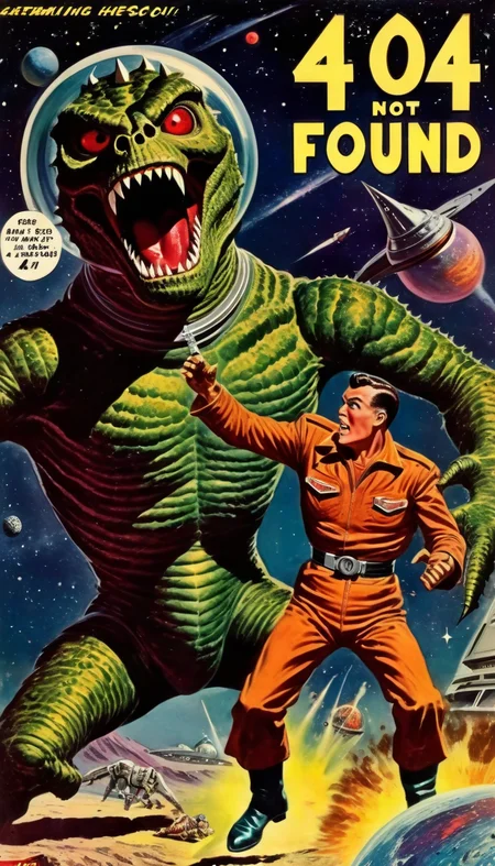 <lora:Richard Hescox Style:1>Richard Hescox Style - (Text Logo "404 Page Not Found":1.3), a (1950's scifi comic book cover) with a human fighting a large monster in space
