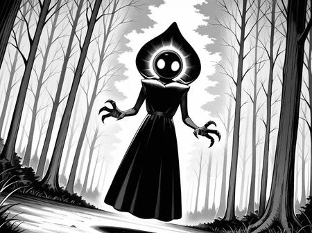 <lora:IL_flatwoods_monster:1>,flatwoods_monster/(Character/),forest,floating,
claws,dress,hood,dutch angle,no humans,blank eyes,monochrome,glowing eyes,, masterpiece,best quality,amazing quality,very aesthetic,absurdres,
