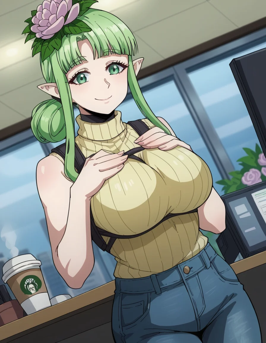score_9, score_8_up, score_7_up, source_anime, <lora:kusahanada-s1-ponyxl-lora-nochekaiser:1>, kusahanada, large breasts, hair ornament, green eyes, flower, sidelocks, green hair, pointy ears, hair flower,, sleeveless, pants, sweater, turtleneck, denim, ribbed sweater, jeans, sleeveless turtleneck, home office, working from home, computer screen, coffee cup, focus, deadline, , , hands on own chest, smile, solo,, cowboy shot, dutch angle
