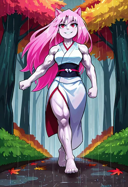 autumn forest, rain, 1girl, muscular body, white kimono, barefeet, long hair, pink hair, wild hair, red eyes, smile, pale skin, cat ears, walking, sleeveless