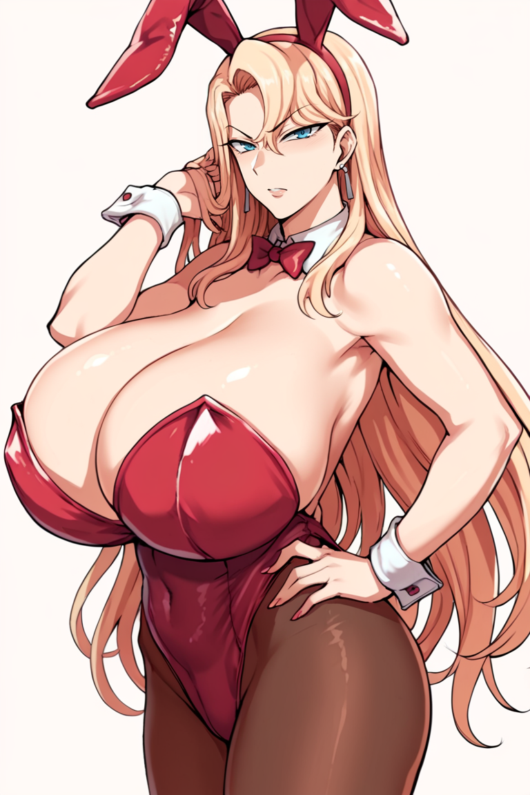 score_9, score_8_up, score_7_up, source_anime,reika kurashiki, mature female, 1girl, gigantic breasts, animal ears, playboy bunny, pantyhose, blonde hair, long hair, rabbit ears, solo, leotard, wrist cuffs, , detached collar, bow, strapless, , strapless leotard, white background, bowtie, red leotard, fake animal ears, highleg, covered navel, hand on hip, simple background, highleg leotard, blue eyes, cleavage, cowboy shot, looking at viewer, armpits<lora:EMS-439921-EMS:1.000000>