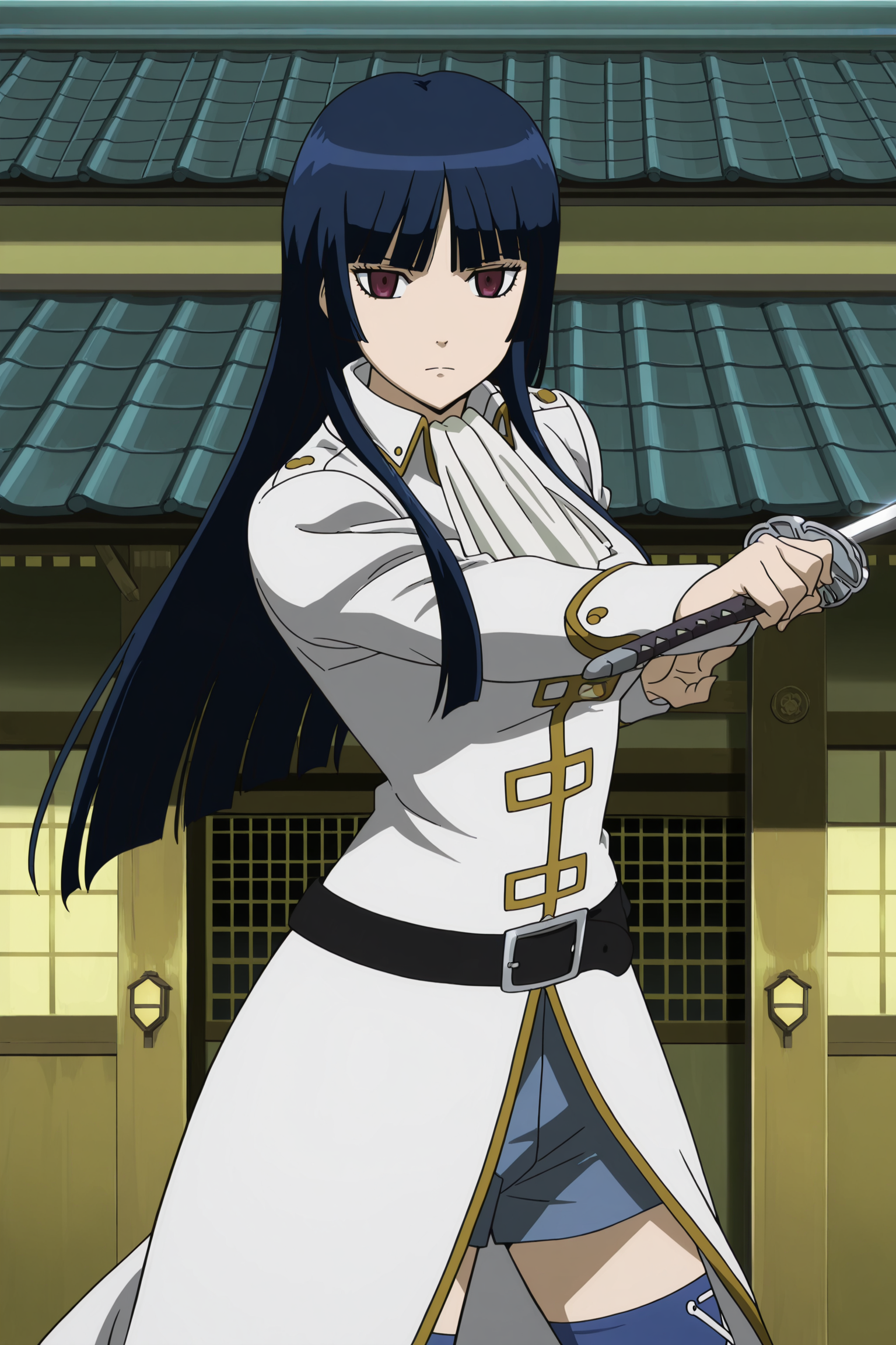 anime coloring, anime screencap, masterpiece, best quality, amazing quality,
 <lora:Imai_Nobume_Gintama_-_Illustrious:1>
outside, feudal Japanese building,
Mimawarigumi uniform, Imai Nobume, 1girl, solo, (holding a sword, pointing sword directly at the viewer:1.1), blue thighhighs, long hair, dark blue hair, hime cut, blunt bangs, dull red eyes, white boots, belt, shorts, cowboy shot, serious expression, looking at the viewer