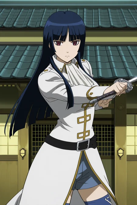 anime coloring, anime screencap, masterpiece, best quality, amazing quality,
<lora:Imai_Nobume_Gintama_-_Illustrious:1>
outside, feudal Japanese building,
Mimawarigumi uniform, Imai Nobume, 1girl, solo, (holding a sword, pointing sword directly at the viewer:1.1), blue thighhighs, long hair, dark blue hair, hime cut, blunt bangs, dull red eyes, white boots, belt, shorts, cowboy shot, serious expression, looking at the viewer