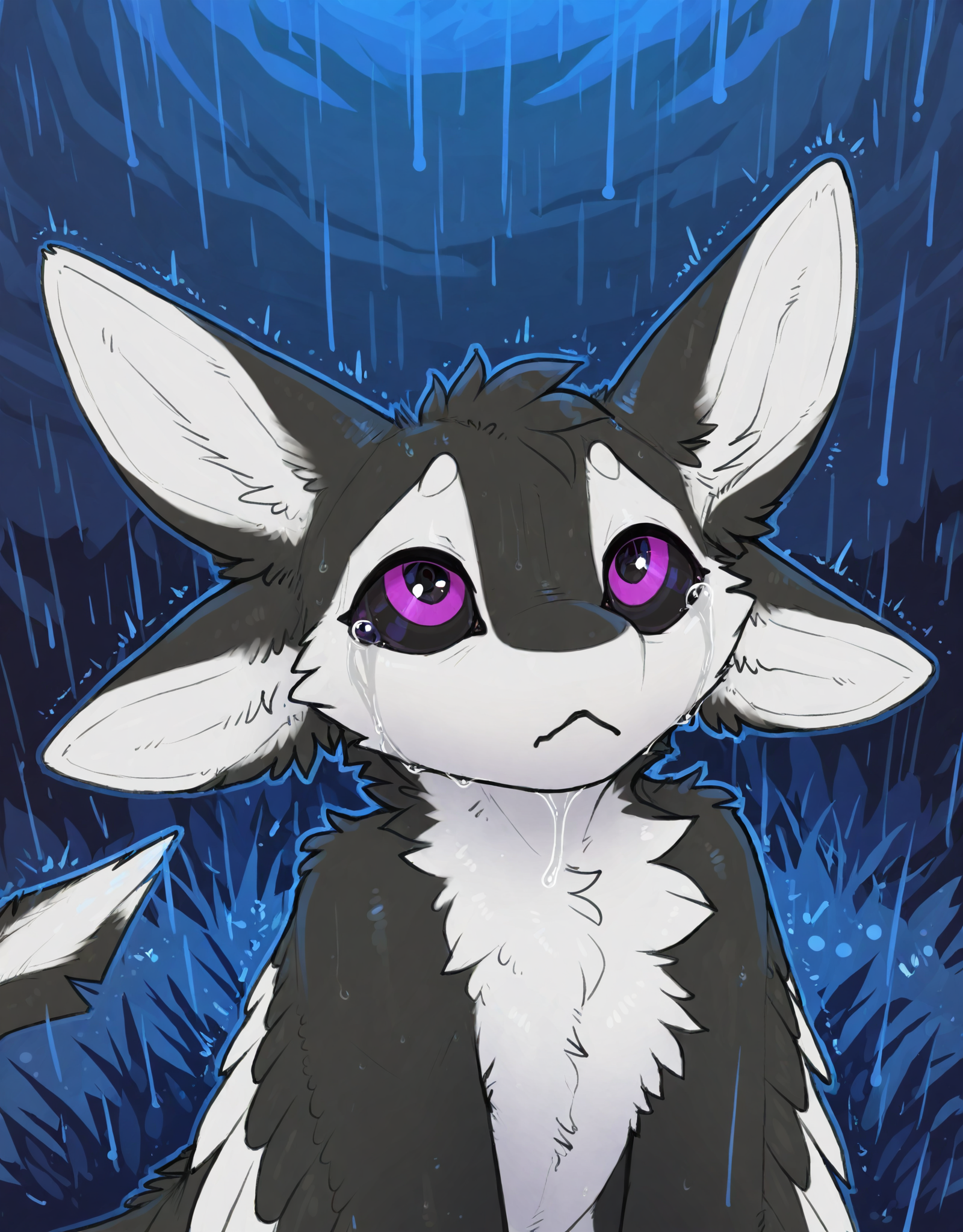 masterpiece, best quality, newest,
(avali), avian, dacad, wetchop, manmosu marimo, r3drunner, photonoko, trigaroo, by snowskau, illioma, inno-sjoa, dimwitdog, syuro, by laser \(artist\), photonoko, trigaroo, newest, purple eyes, black sclera, (4 ears), (solo), tuft, white body, white feathers, white fur, countershading, countershade face, black body, black fur, feathers, fur, multi ear, white inner ear fluff, wings, winged arms, feathered wings, tail,
noisy, static noise, glitch, looking at viewer, stare, half-length portrait, sad, calm, depression, pressure, rain, looking up, high-angle view, tears,
<lora:fenrir_noobai_1.0_2.32aw_10k:1>, f3nr1r