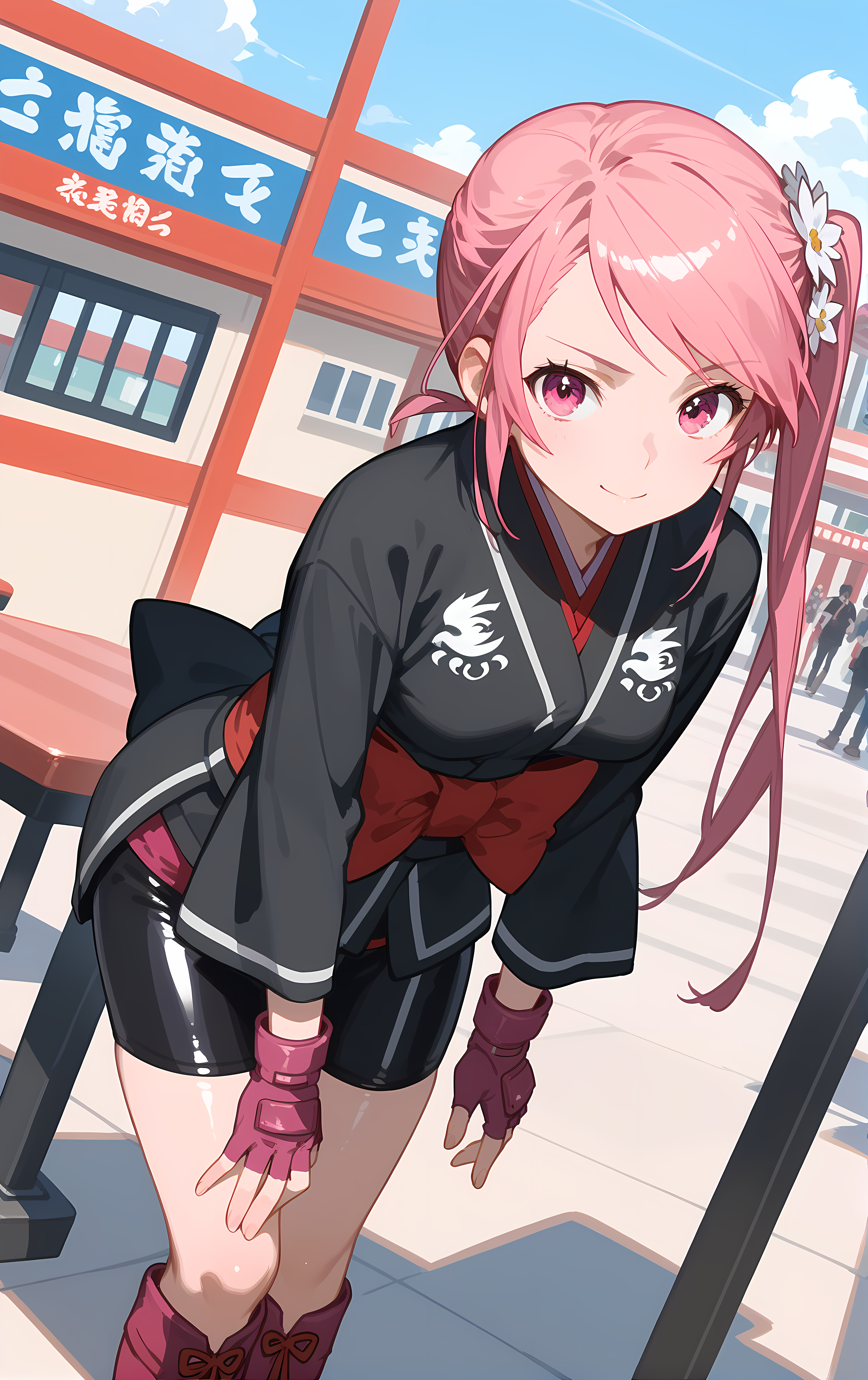 (score_9, score_8_up, score_7_up), standing, leaning forward, looking at viewer, light smile, closed mouth, shiny skin, tight clothes,
ohwx, 1girl, solo, side_ponytail, pink_hair, pink_eyes, bow, long_hair, hair_flower, flower,
japanese_clothes, fingerless_gloves, gloves, kimono, black_kimono, bike_shorts, boots,
restaurant,
cowboy shot, dutch angle, close-up,
 <lora:benitsubasa_pony_ss:1>