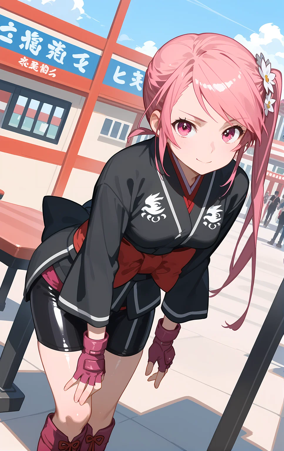 (score_9, score_8_up, score_7_up), standing, leaning forward, looking at viewer, light smile, closed mouth, shiny skin, tight clothes,
ohwx, 1girl, solo, side_ponytail, pink_hair, pink_eyes, bow, long_hair, hair_flower, flower,
japanese_clothes, fingerless_gloves, gloves, kimono, black_kimono, bike_shorts, boots,
restaurant,
cowboy shot, dutch angle, close-up,
<lora:benitsubasa_pony_ss:1>