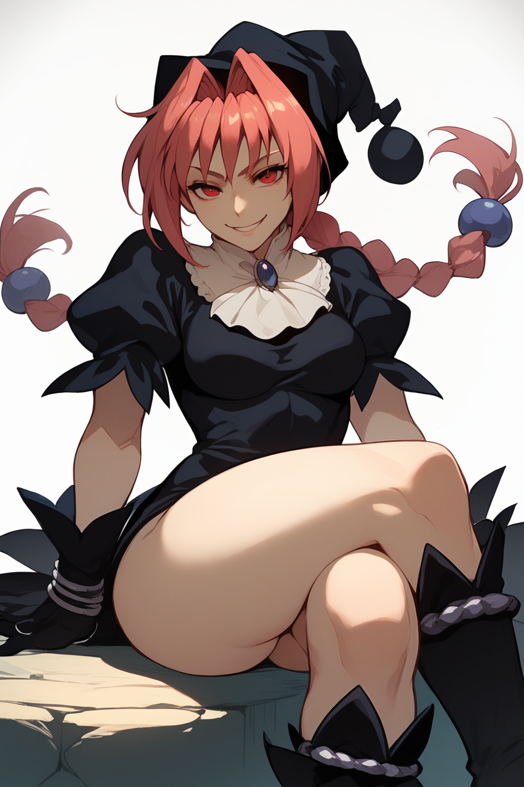 score_9,score_8_up,score_7_up,<lora:Dorothy-000021:1>,Dorothy,red eyes,hat,witch hat,black dress,boots,puffy sleeves,gloves,twin braids,seducing viewer,crossed_legs,smile,seductive_smile,front view,ass visible through thighs,