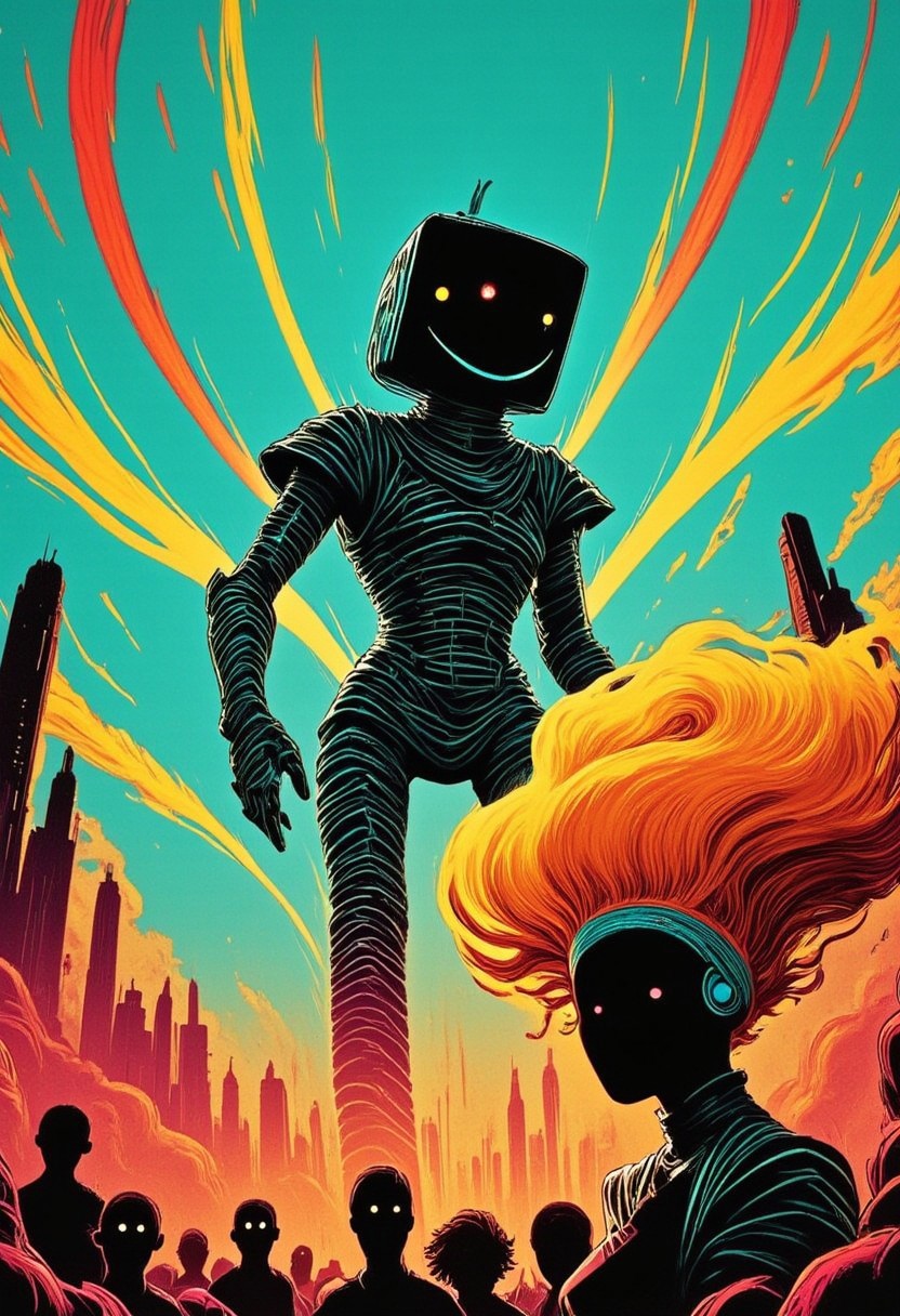 flat Pop art color, vector art, An atmospheric painting of M100-style, A vintage 1950s-style pop art scene of a towering, Smiling Smiley Open mouth Face retro-style robot built from square elements, wires, and cables. The robot is depicted from a low-angle view, emerging from behind a skyscraper in a city. It has glowing eyes shooting laser beams. The city’s residents below are looking up in fear, with bright expressions of shock. The sky is vibrant blue with scattered clouds. The overall aesthetic is colorful and bold, with a mix of vintage and pop art elements capturing the classic sci-fi feel. eye-trails, Sideview, turquoise-black-red billowing aura, Long billowing blonde Hair, Hair band