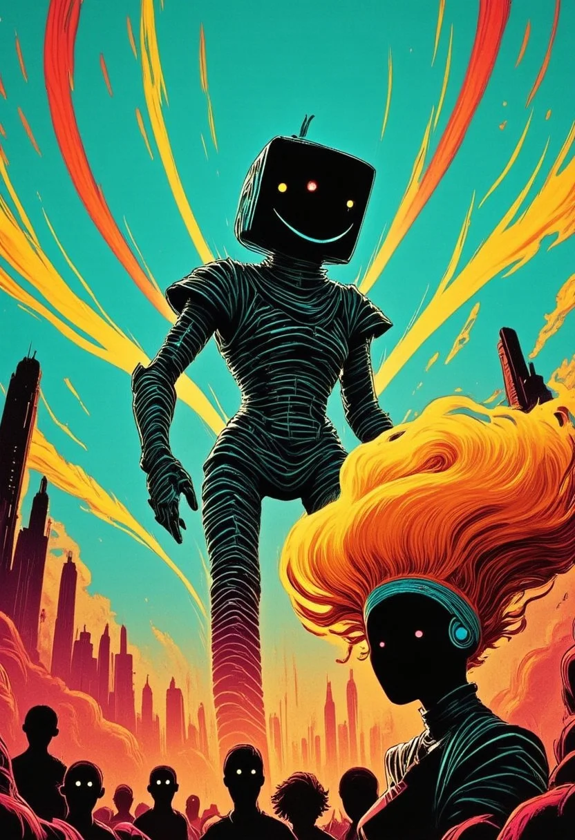 flat Pop art color, vector art, An atmospheric painting of M100-style, A vintage 1950s-style pop art scene of a towering, Smiling Smiley Open mouth Face retro-style robot built from square elements, wires, and cables. The robot is depicted from a low-angle view, emerging from behind a skyscraper in a city. It has glowing eyes shooting laser beams. The city’s residents below are looking up in fear, with bright expressions of shock. The sky is vibrant blue with scattered clouds. The overall aesthetic is colorful and bold, with a mix of vintage and pop art elements capturing the classic sci-fi feel. eye-trails, Sideview, turquoise-black-red billowing aura, Long billowing blonde Hair, Hair band