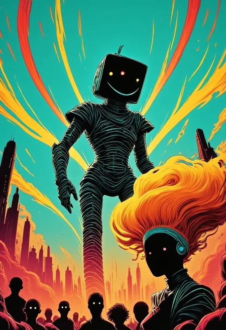 flat Pop art color, vector art, An atmospheric painting of M100-style, A vintage 1950s-style pop art scene of a towering, Smiling Smiley Open mouth Face retro-style robot built from square elements, wires, and cables. The robot is depicted from a low-angle view, emerging from behind a skyscraper in a city. It has glowing eyes shooting laser beams. The city’s residents below are looking up in fear, with bright expressions of shock. The sky is vibrant blue with scattered clouds. The overall aesthetic is colorful and bold, with a mix of vintage and pop art elements capturing the classic sci-fi feel. eye-trails, Sideview, turquoise-black-red billowing aura, Long billowing blonde Hair, Hair band