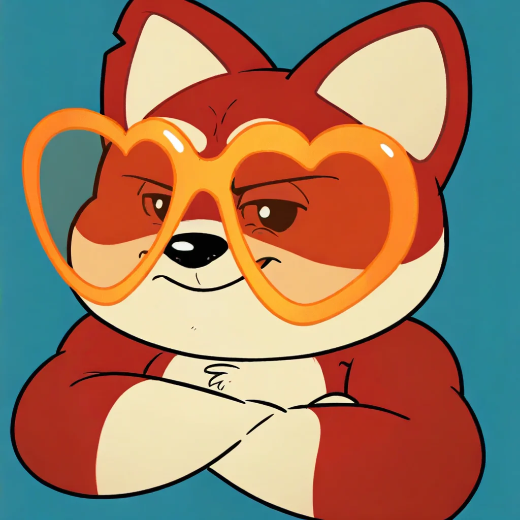score_9, score_8_up, score_7_up, furry, Crappy, canine, red fur, beige fur, two tone fur, yellow heart glasses, cartoon style, 2d, furry male, solo, upper body focus, face close up, arms crossed, bedroom eyes, smirk, light blue background