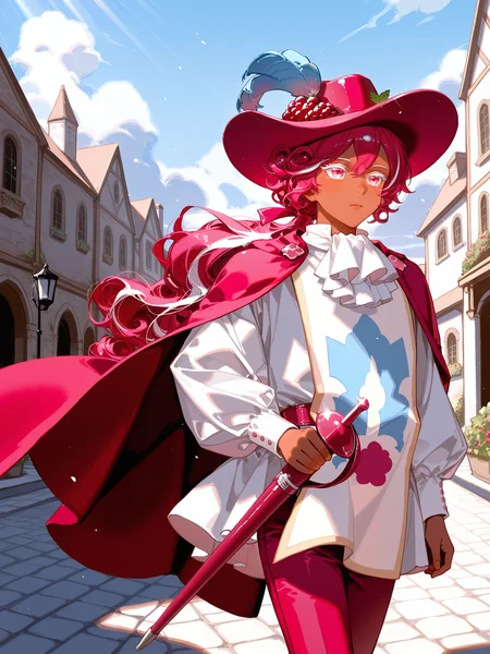 ningen mame, nagasawa tougo, ciloranko, lazypos, <lora:CRKMousseXL:1> CRK_Mousse, 1boy, long hair, streaked hair, hat, hat feather, white eyelashes, puffy sleeves, pink pants, red cape, ascot, low ponytail, white shirt, white footwear, tabard, <lora:cfg_scale_boost:0.5> white eyelashes, androgynous, dark skin, raspberry hat ornament, curly hair, street, medieval, day, sunlight, cloud, outdoors, walking, cowboy shot, volumetric lighting, solo, courtyard, rapier, sheathed, sheath, hand on sheath, scabbard,
