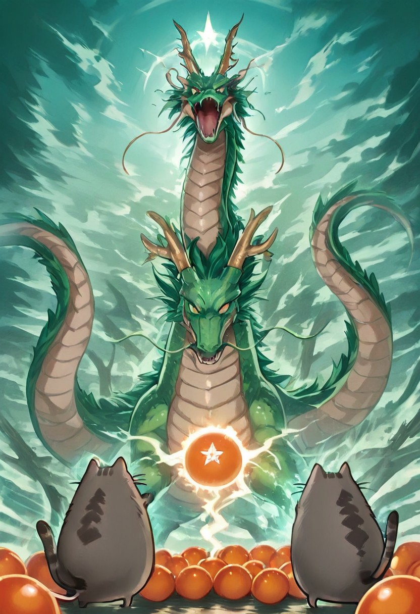 masterpiece, best quality, amazing quality, no humans, Pusheen, ((Pusheen standing next to 7 orange balls that have stars on them)), summoning, shenron, extremely long green dragon shenron, bosstyle